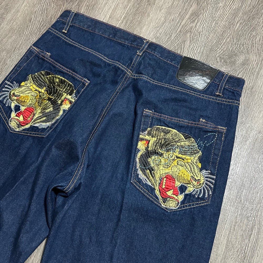 Ed Hardy Jeans 40x33 (40X34) Blue Tiger Embroidered Christian‎ Audigier Dark Y2K
